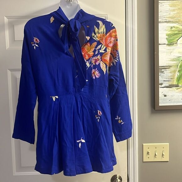 Free People Mock Neck Pullover Royal Blue Floral Drop Shoulder Top- Small - Picture 6 of 11